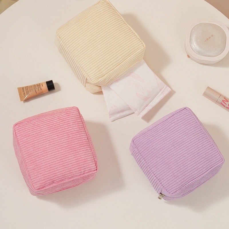 Sanitary Napkin Cosmetics Bag, Girl'S Aunt'S Napkin Portable Bag, Corduroy Multi-Functional Cosmetics Bag, Large-Capacity Sanitary Napkin Bag - Image 3